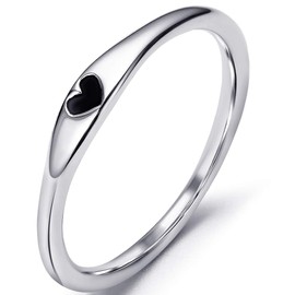 Stainless Steel Heart Shape Classical Wedding Band Stackable Ring (Silver & Black, 8)