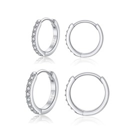 Deyanse Silver Hoop Earrings, 925 sterling silver hoop earrings set with white zirconia, unisex small sleeping cartilage hoop earrings, silver hoop earrings for women girls, 10, 12, 14 mm, Silver Cubic Zirconia, Cubic Zirconia,