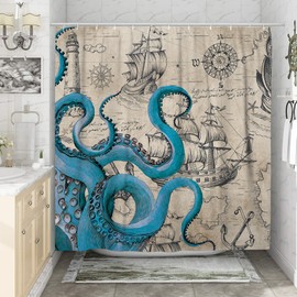 DESIHOM Vintage Nautical Octopus Shower Curtain Set, Funny Ocean Kraken Shower Curtains for Bathroom, Beach Coastal Pirate Map Decor Polyester Fabric-72" x 72"