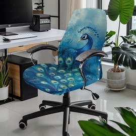 Talayituse Blue Peacock Print Office Chair Cover One Piece Water Resistant Stretch Jacquard Computer Chair Slipcover with Elastic Bottom for Armrest Chairs, S