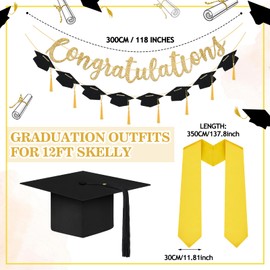 Cozypower 4 Pcs 12 ft Skeleton Accessories Graduation Cap Stole and Congratulations Banner Skeleton Outfit Set Giant Sized Skeleton Clothing for Graduation Outdoor 12 ft Skeleton Clothes Decor