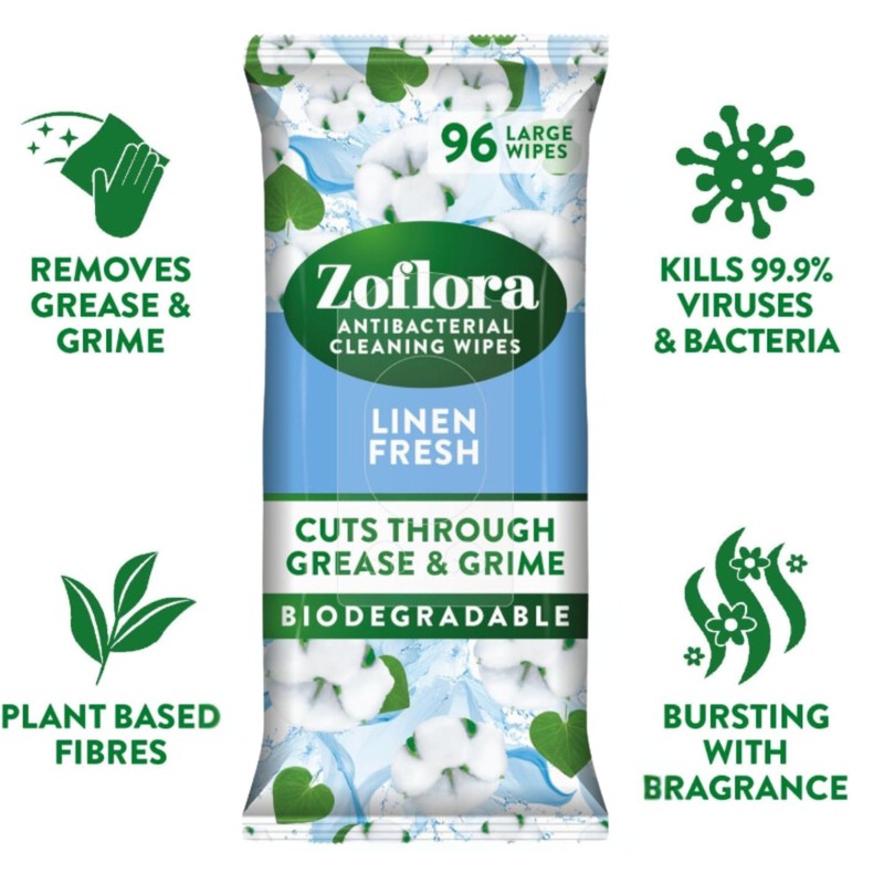 Zoflora Linen Fresh Antibacterial Biodegradable Wipes, 1 x 96 Wipes,