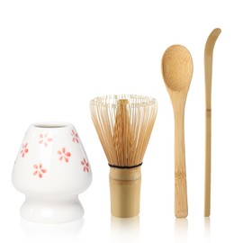 Matcha Tea Set with Whisk and Spoon, Matcha Whisk Kit with Ceramic Whisk Holder Scoop Matcha Ceremony Accessory Set Matcha Gift Set(Cherry)