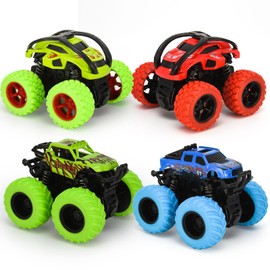 VoMii Monster Truck [Pack of 4] Monster Truck Toy Car for Children from 3-10 Years, Large Rubber Wheels 4x4 Power Inertia-Powered Vehicles, 360° Stunt Rotation, Racing Car Play Sets for Children