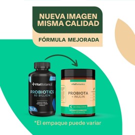Probiotics 60 Billion CFU de 2 Cepas Probioticos, Prebióticos y Lactobacilos 90 caps. Nopal, Inulina, Papaina, Bromelina y Vitamina C No Necesita Refrigeración. 60 Billones. VitalBotanics