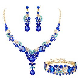 EVER FAITH Gorgeous Rhinestone Crystal Bridal Jewelry Set Art Deco Floral Wave Teardrop Necklace Earrings Bracelet Royal Blue Gold-Tone