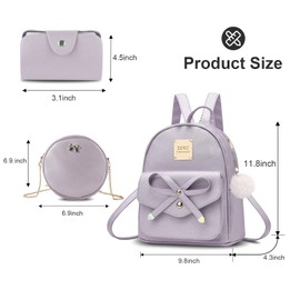 Aogist Mini Leather Backpack Purse 3-Pieces Fashion Bowknot Zipper Bags Cute Casual Travel Daypacks for and Women, Pearl Purple