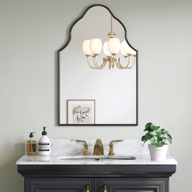 Scalloped Bathroom Mirror, 36" x 24" Arched Black Vanity Mirror with Rubberwood Frame, Decorative Black Wall Mirrors for Mantel, Bedroom, Bathroom, Vanity