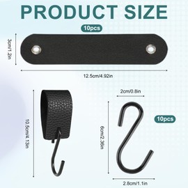 Vyanveo Pack of 10 S Hooks Black Clothes Rail with Leather Loop Wardrobe Hooks Black for Kitchen, Cupboard Hanging, Bathroom, Bedroom, Living Room