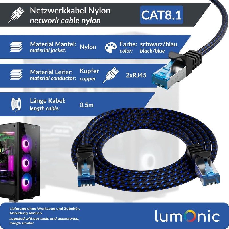 Lumonic CAT8.1 Patchkabel S/FTP 0,5m | RJ45 | Schwarz Blau