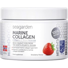 Seagarden Marine Collagen Powder + Vitamin C | Collagen Peptides Powder (Type I & III) | Wild-Caught Arctic Cod | Collagen Supplements| Skin, Hair, Nails, I Strawberry Taste I 150g