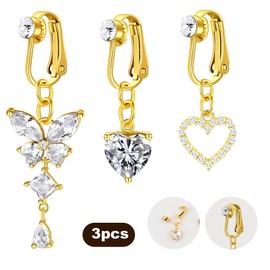 TINGTING Pack of 3 fake belly button piercings, gold, fake belly button piercing, belly button piercing, banana bells, butterfly, heart, moon piercing, clip-on for women, Copper