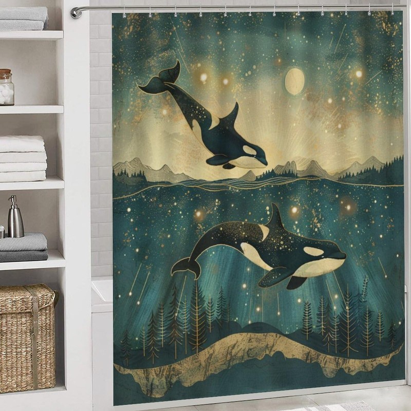 TOWINSFB 4Pcs Underwater Orcas Whale Shower Curtain, Starry Sky Star