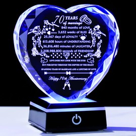 YWHL 70th Wedding Anniversary Crystal Gifts with LED Base Laser Engraved 70th Anniversary Heart Keepsake Gift for Couples Parents Romantic 70 Years of Anniversary Marriage Gifts for Wife Husband