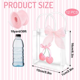 FYSUIMU 12 Pcs Pink Bow Cherry Clear PVC Gift Bags Coquette Bowknot Cherry Party Favor Bags with Handles Treat Tote Bag with Ribbon for Birthday Baby Shower Bachelorette