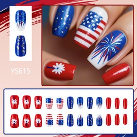 EYZOTSF Press on Nails Square Short Length Acrylic False Nails with Independence Day Designs Artificial Square Shaped Holiday July 4th Fake Nails Glue Stick ons Fingernails for Women Girls（YS615）