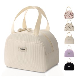 GODWOODS Corduroy Lunch Bag with Cotton Webbing Handles - 6.65L Thermal Insulated Food Tote, Leakproof Reusable Meal Prep Container for Office, Picnics & Travel (25x14x19cm) (Beige)