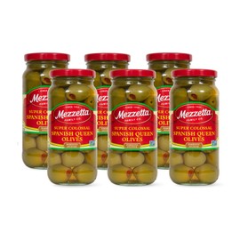 Mezzetta Pimiento Stuffed Spanish Queen Green Olives - Garnish for Martinis - Super Colossal Fruits - Firm Texture, Slightly Salty Flavor - Ideal for Snacks & Cheese Platters - 10 Oz Jar - Pack of 6