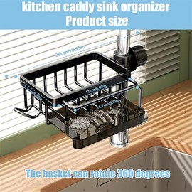 Kitchen Sink Faucet Organizer, Multifunction Sponge Holder for Kitchen Sink with Hook and Self Draining Tray,for Bathroom, Scrubbers, Soap, Work with 0.7-1.1inch Round Water Pipe (Left)