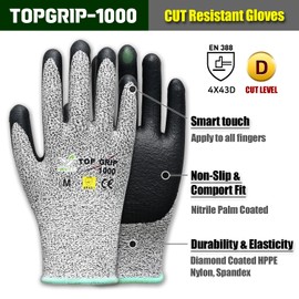 HANWOO TopGrip 1000 Cut-Resistant Gloves, Diamond Coated HPPE, NBR Palm Coating, 13-Gauge Thickness, EN388 4X43D, Sizes S-2XL, Ideal for Glass, Metal, Construction, and Landscaping (XL 1 pair)