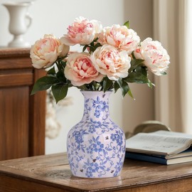 Blue and White Ceramic Vase,10.6in Chinoiserie Vase, Vintage Pottery Vase for Centerpieces, Modern Farmhouse Vase, Rustic Farmhouse Vase for Home Decor, Living Room, Bookshelf, Mantle Fireplace,Table