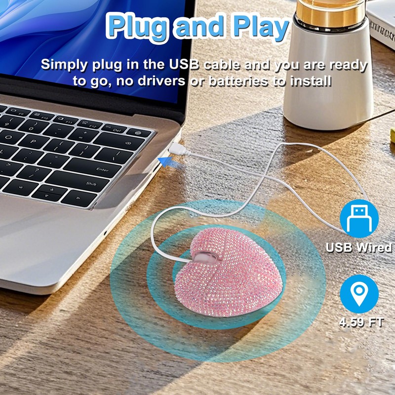 Wired Mouse Cute Bling Crystal Rhinestone Pink Heart Shape Computer