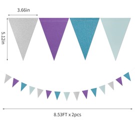 Banderines para decoración de fiesta de Navidad, color morado, azul y plateado, paquete de 2 banderines triangulares de papel para niña de invierno, cumpleaños, Año Nuevo, banderines, serpentinas, sirena del país de las maravillas, suministros de baby sh