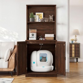 YITAHOME Large Cat Litter Box Furniture with Shelves and Charging Station, Hidden for Self-Cleaning Cat Litter Box Enclosure, Wooden Cat Cabinet for Smart Litter Box Size, Brown Oak