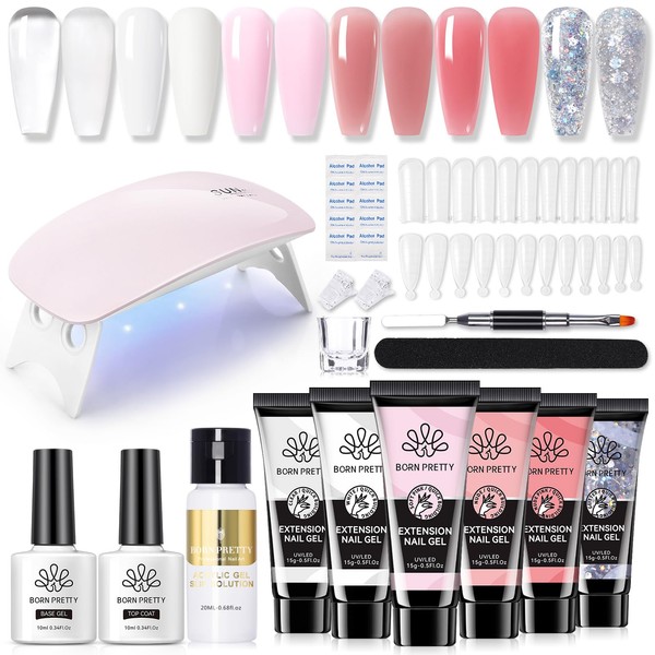 BORN PRETTY Poly Nail Extension Gel Kit-6 Colors Poly Nails Gel Kit Nude Clear Jelly Pink All In One Kit Builder Glue Gel with Nail Lamp Base Top Coat Set Nail Forms French Manicure Set for Beginner Starter DIY at Home Mother's Day Gifts