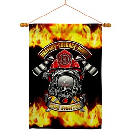 USBrotherhood Bravery Firefighter House Flag Dowel Set Armed Forces Firefrighter Fireman Fire Department Rescue Red Line Hero Support Decoration Banner Small Garden Yard Gift Double-Sided, Made In USA
