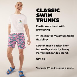 Chubbies Men’s Swim Trunks, Stretch Swimming Board Shorts, 7” Inseam, The Glades, Large Pink,Green