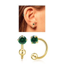 3mm Huggie Hoop Birthstone Earrings for Women Girl Hypoallergenic Minimalist Tiny Stud Earrings Boho Colored Screw Cartilage Earring Open Hoop Huggie Earrings (Silver, 5.May-Emerald, Gold)