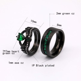 ringheart 2 Black Rings His and Hers Ring Couple Rings Green Cz Womens Wedding Ring Sets Titanium Steel Mens Wedding Bands Claddagh Ring