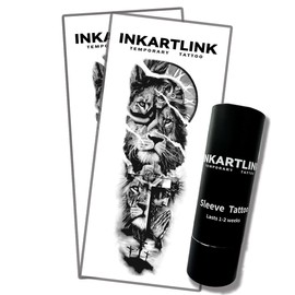 INKARTLINK Semi Permanent Tattoo, 2 Pieces Full Arm Large Size Art Party Tattoos, Comes with a Pair of Anti-Transfer Sleeves, Lasts 7-15 Days, Waterproof and Anti-Reflective (Lion, Jesus)