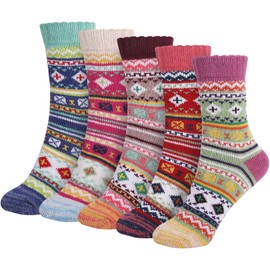 Riqiaqia 5 Pairs Women Winter Merino Wool Socks Thermal Warm Thick Knitting Crew Sock Ladies for Hiking Walking Climbing, Christmas Socks Gifts