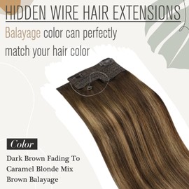 Sunny Wire Hair Extensions Balayage 95g Dark Brown Roots Caramel Blonde Ombre Fish Line Hair Extensions Brown Secret Wire Real Hair Extensions with Clips Balayage Brown Hair Piece For Women 16Inch