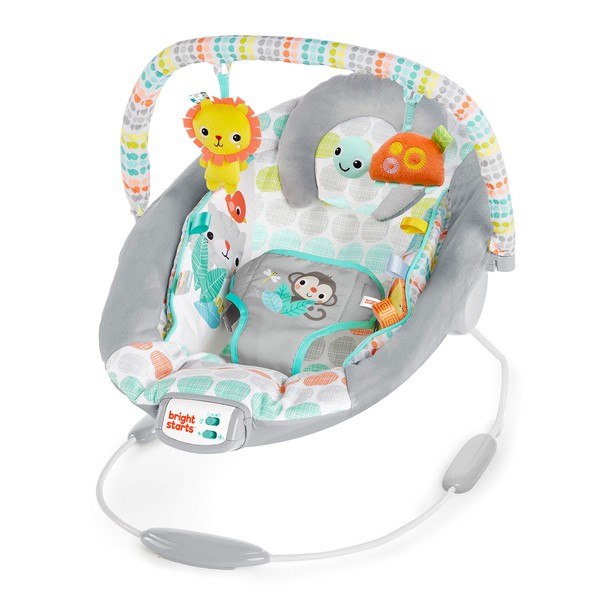 Bright Starts Comfy Baby Bouncer Soothing Vibrations Infant Seat - Taggies, Music, Removable -Toy Bar, 0-6 Months Up to 20 lbs (Whimsical Wild)