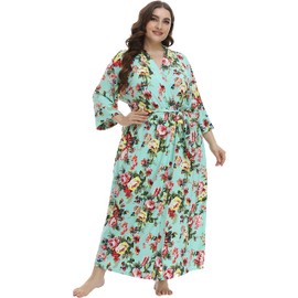iFigure Women's Plus Size Long Robe Floral Bathrobes Dressing Gown Soft Sleepwear, Mint/floral, 4X