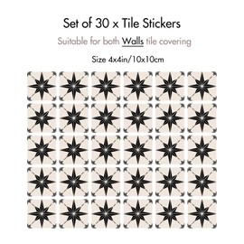 Star Compass Peel & Stick Tile Stickers 30-Pack, 4 x 4 Inch Black-White Waterproof Removable Vinyl Backsplash Decals for Kitchen, Bathroom, Laundry, RV & Stair Risers (White)