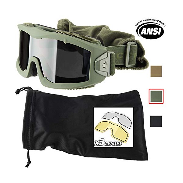 Lancer Tactical AERO 3mm Thick Dual Pane Lens Eye Protection Safety Goggle System ANSI Z87 1 Rated Industry Standard Panel Ventilated w/Anti-Scratch Shield Fully Adjustable (Black / 3 Lens)
