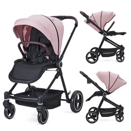 GarveeLife Foldable Pink Baby Stroller, High Landscape Pushchair for Newborn, Toddler, Girls, Convertible Infant Pram with Reversible Backrest, Storage Basket, Adjustable Footrest & Canopy, Cup Holder
