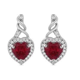 Jewelili Sterling Silver 6 MM Heart Created Ruby and Round Created White Sapphire Twisted Dangle Earrings