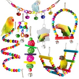 Fhioevt Pack of 7 Bird Toy Parrot Toy Bird Toy Bell Wooden Ladder Bird Swing Colourful Budgies Toy Chew Toy for Cockatiels Parakeets Bird Cage Accessories