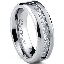 Metal Masters Titanium Men's Wedding Band Engagement Ring with 9 Large Princess Cut Cubic Zirconia Size 9.5