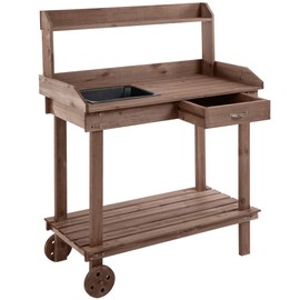 Benicabaly Versatile 36'' Wooden Potting Bench Work Table with Sink, Removable Wheels, Drawer & Ample Storage Space, Brown