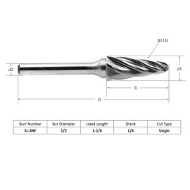 YUFUTOL Carbide Burr SL-4NF Aluminum Cut Carbide Cutter Burrs File(1/2 Inch Head Dia X 1-1/8 Inch Cutter Length) 1/4"(6mm) Shank Taper Shape with Radius End for Rotary Die Grinder,1pcs