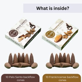 Backflow Incense Cones - Combo Pack of 20 Incense Cones Waterfall - 10 Frankincense + 10 Palo Santo - Incense Backflow Cones - Waterfall Incense Cones - Incense Waterfall Cones