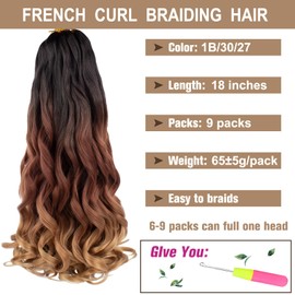 COOKOO 18 Inch 9 Packs French Curl Braiding Hair Pre Stretched Ombre Brown to Blonde Braiding Hair French Curl Crochet Braids Hair French Curls Synthetic Hair Extensions for Women 1B/30/27