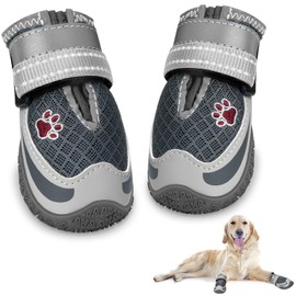AUTOWT Dog Boots, 2 PCS Breathable Dog Paw Protector, Dual Adjustable & Washable Non-Slip Dog Shoes with Reflective Strip for Injured Paws, Comfortable Dog Walking Boots (Dark Grey, 7)