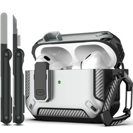 RFUNGUANGO AirPods Pro 2nd case protective case with cleaning kit, military hard shell protective case with lock for AirPod Pro case(2023/2022/2019),Silver fibre